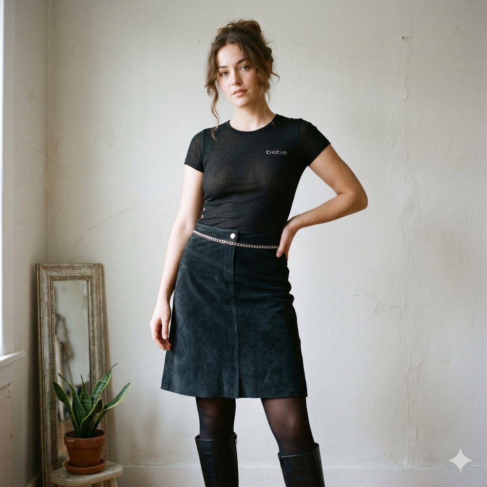 Vintage Y2K bebe Skirt Womens 4 Black‎ Genuine Suede Leather A-Line Goth 90s